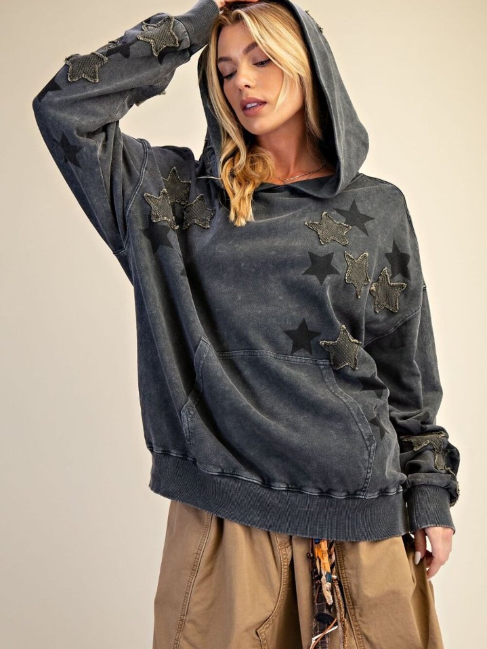 NEW EASEL ASH BLACK STAR PATCH DETAILING WASHED PULLOVER HOODIE SWEATER NWT SML